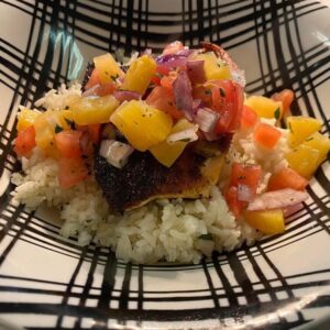Seared Salmon over Garlic Rice with Pineapple Salsa